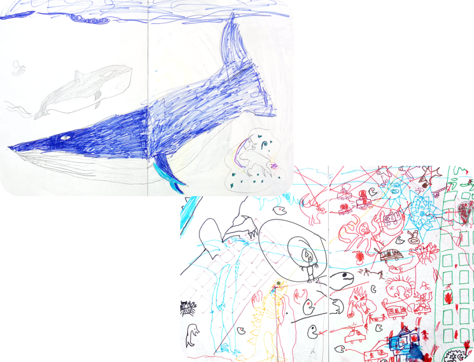 子どもが青いペンで描いた、大きなくじらの絵